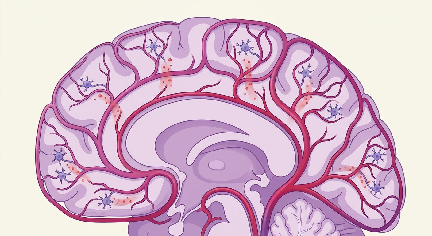 Anatomical illustration of cerebral blood vessels delivering oxygen to neurons