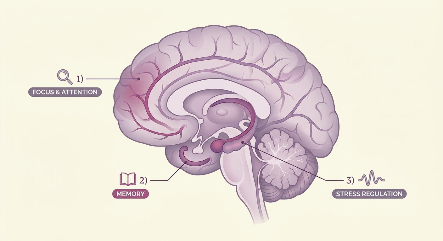 Anatomical diagram of the three brain regions affected by cognitive decline