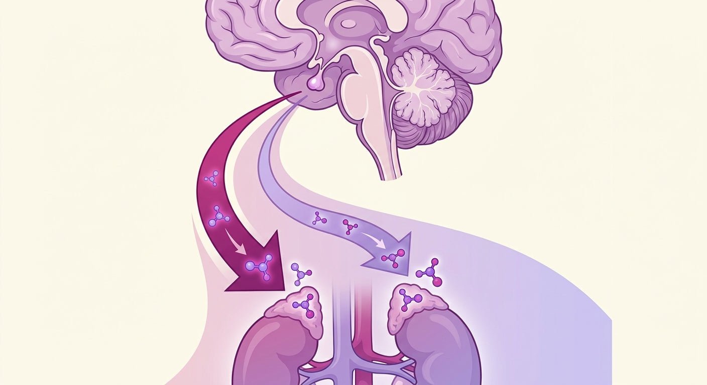 HPA axis diagram showing cortisol release from brain to adrenal glands