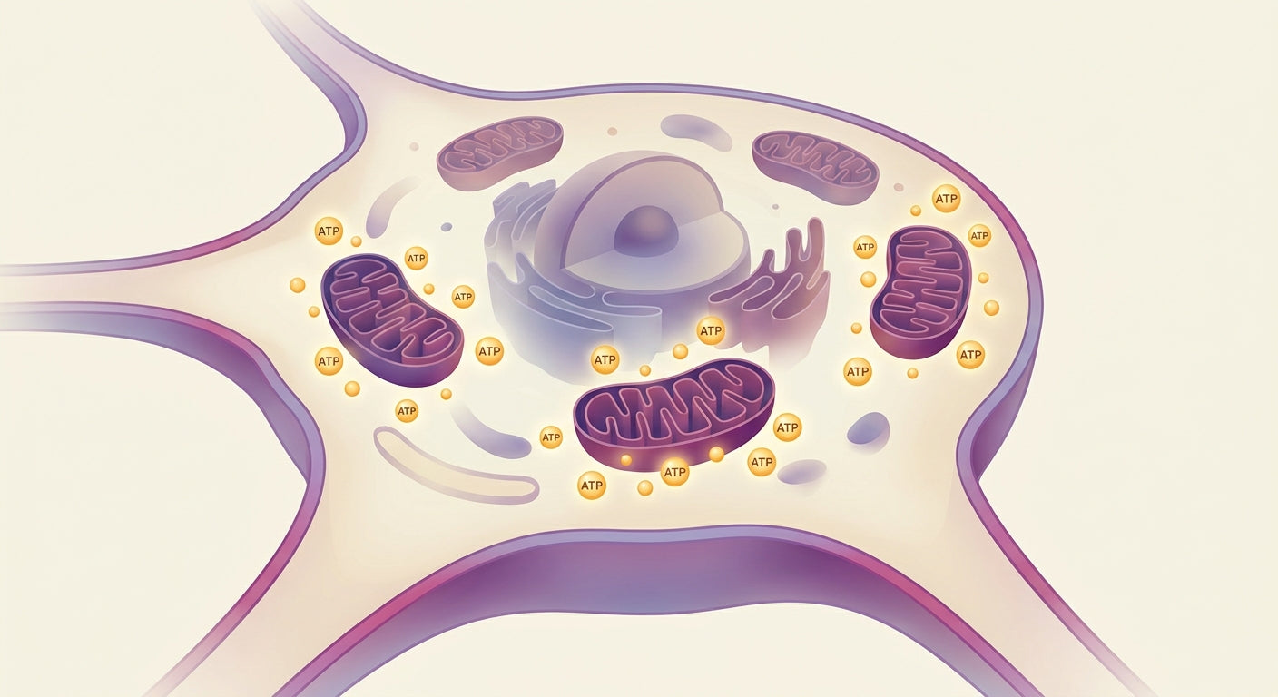 Cellular illustration of neuron mitochondria producing ATP energy